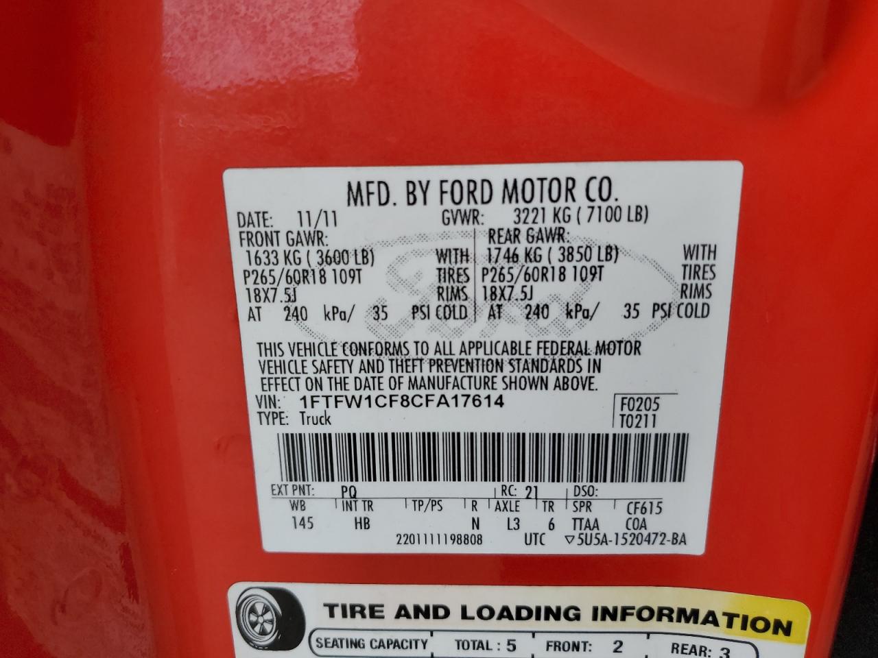 2012 Ford F150 Supercrew VIN: 1FTFW1CF8CFA17614 Lot: 81772295