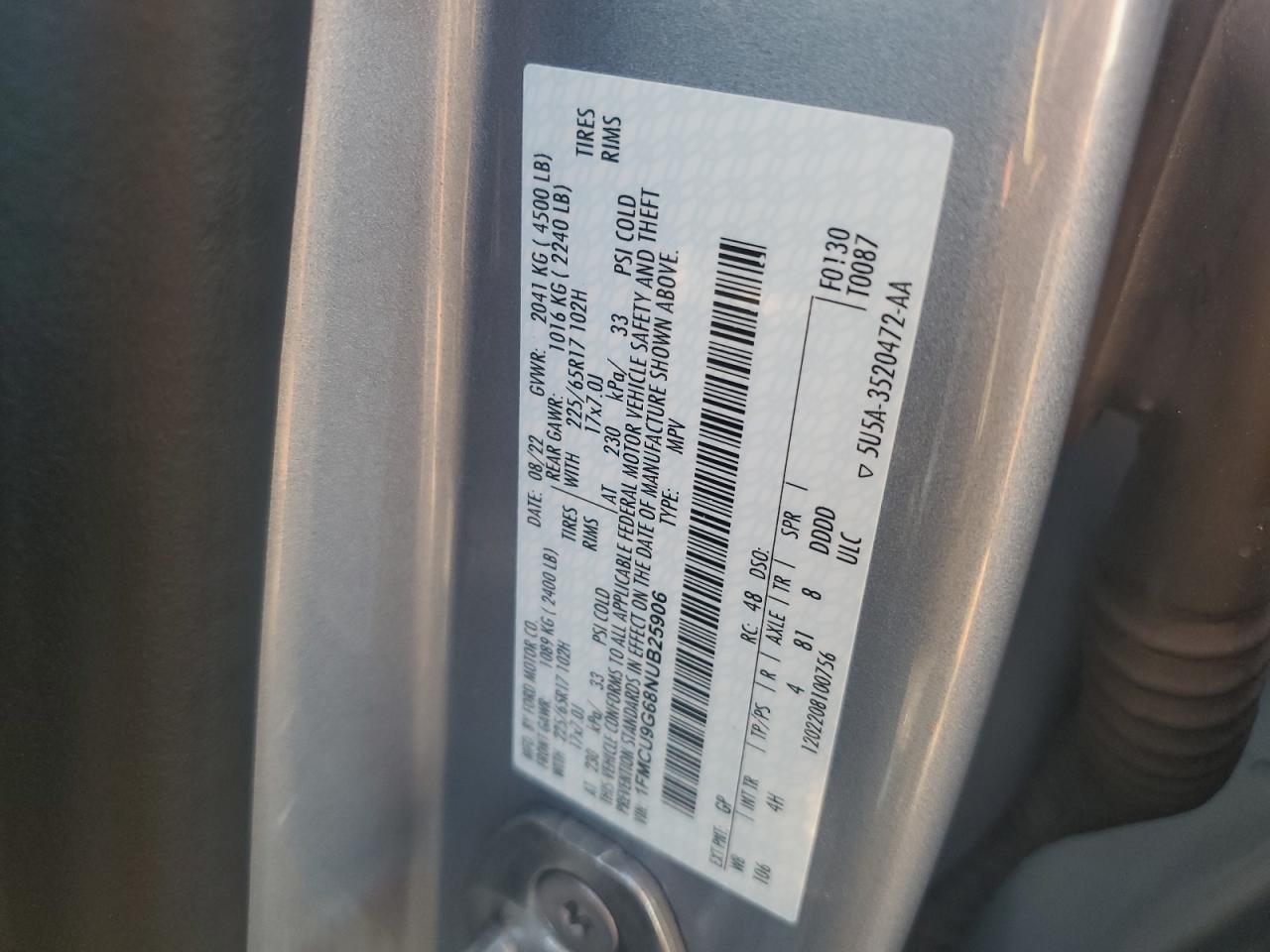 2022 Ford Escape Se VIN: 1FMCU9G68NUB25906 Lot: 71116435