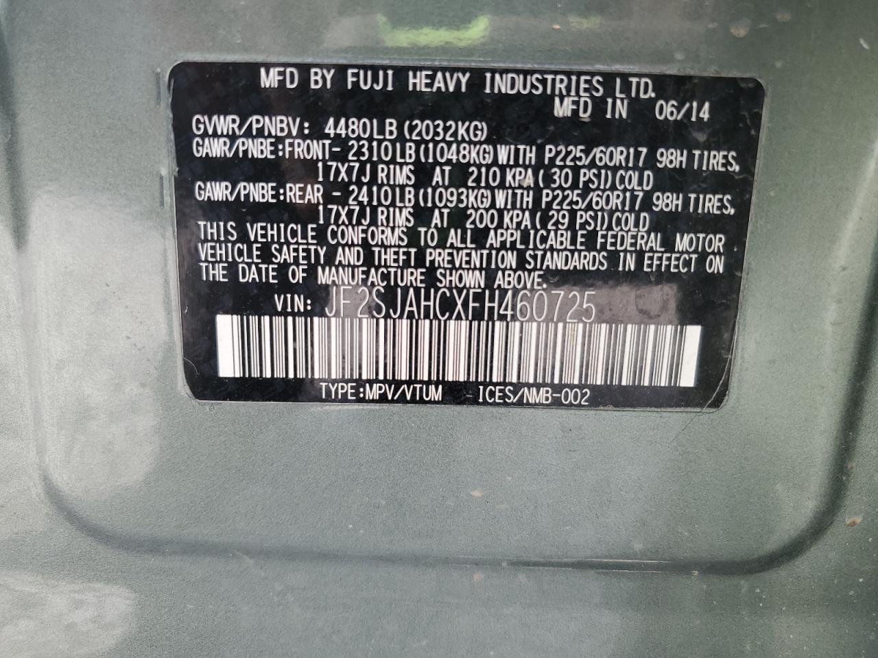 2015 Subaru Forester 2.5I Limited VIN: JF2SJAHCXFH460725 Lot: 71106155