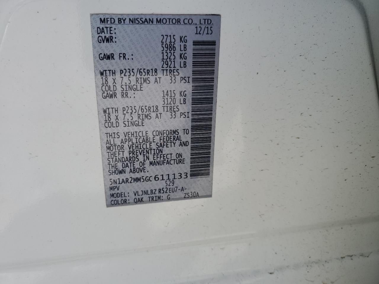 2016 Nissan Pathfinder S VIN: 5N1AR2MM5GC611133 Lot: 71197535