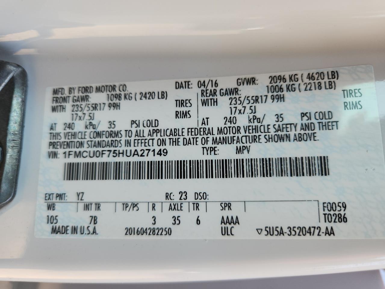 2017 Ford Escape S VIN: 1FMCU0F75HUA27149 Lot: 81112435