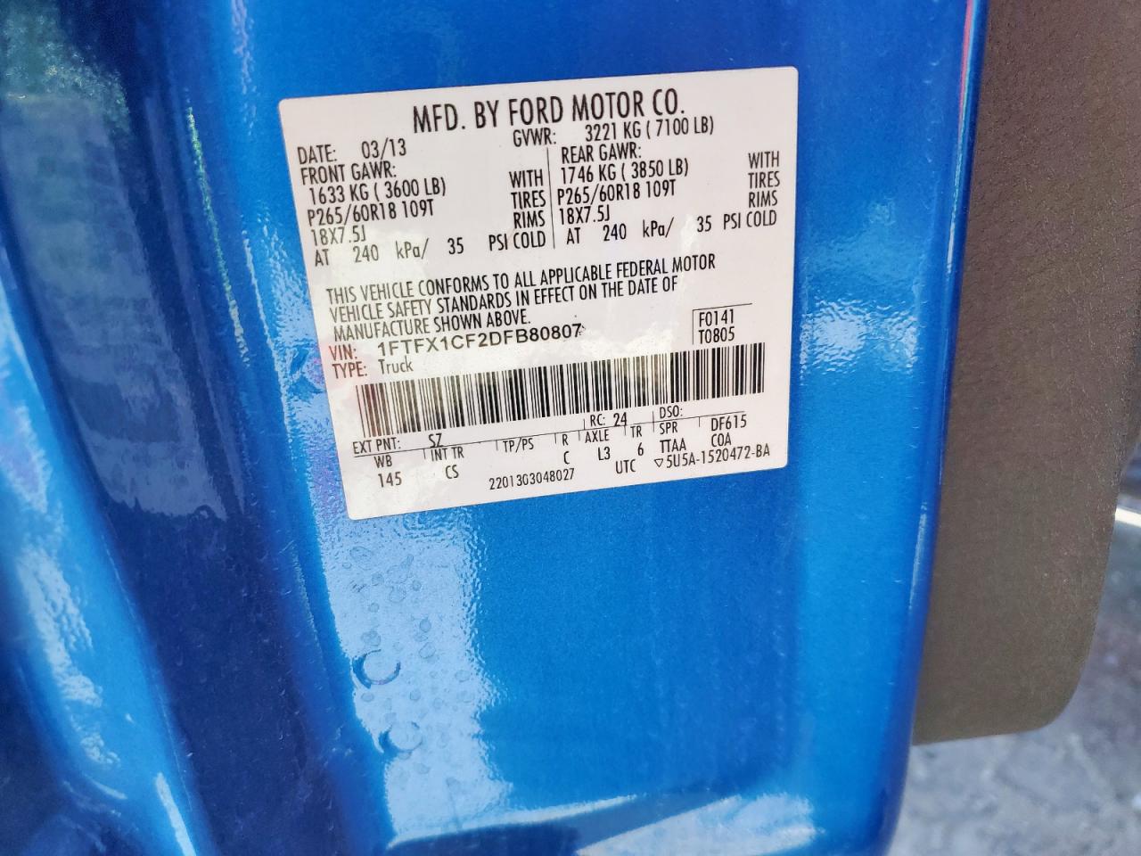 2013 Ford F150 Super Cab VIN: 1FTFX1CF2DFB80807 Lot: 81038385