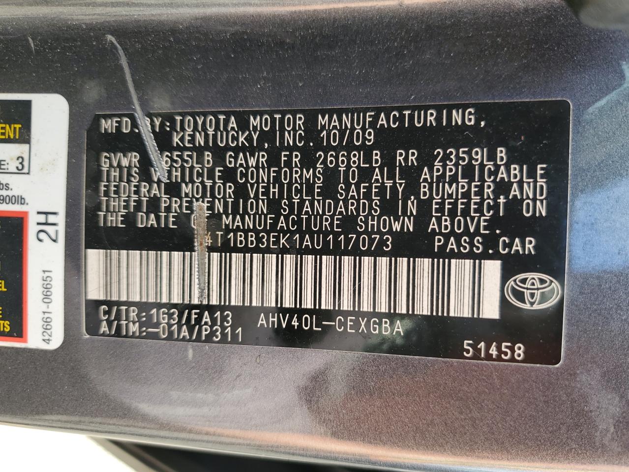 2010 Toyota Camry Hybrid VIN: 4T1BB3EK1AU117073 Lot: 70806995