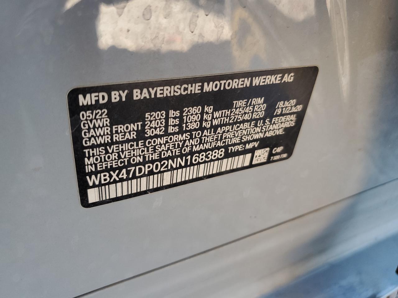 2022 BMW X3 Sdrive30I VIN: WBX47DP02NN168388 Lot: 80034865