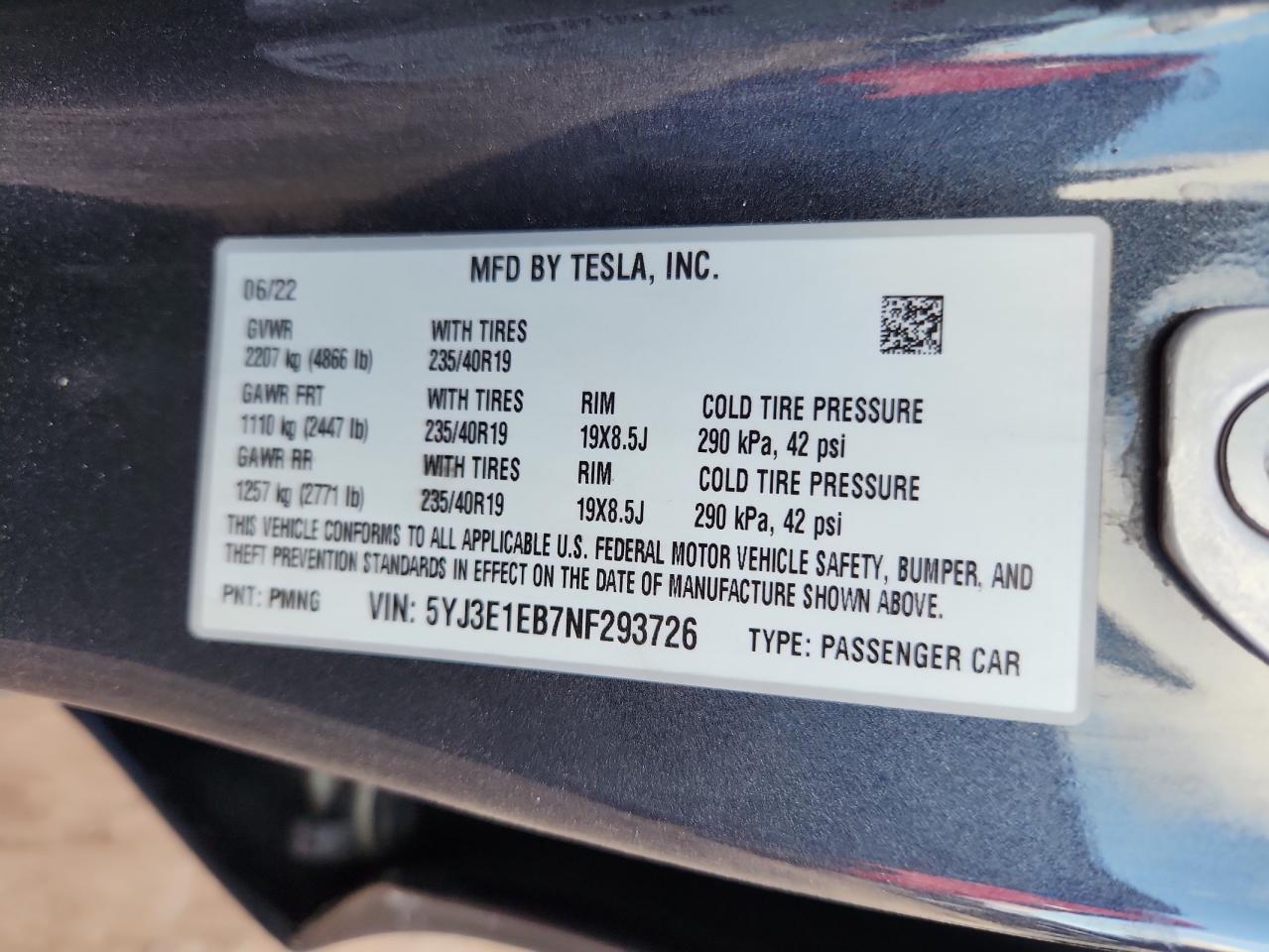 2022 Tesla Model 3 VIN: 5YJ3E1EB7NF293726 Lot: 83969435