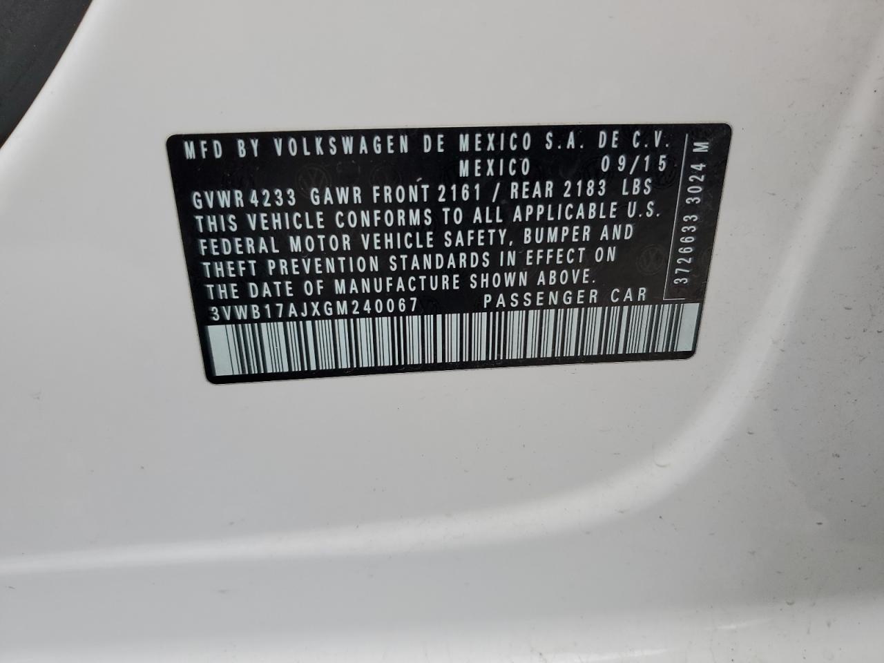 2016 Volkswagen Jetta Sport VIN: 3VWB17AJXGM240067 Lot: 71909895