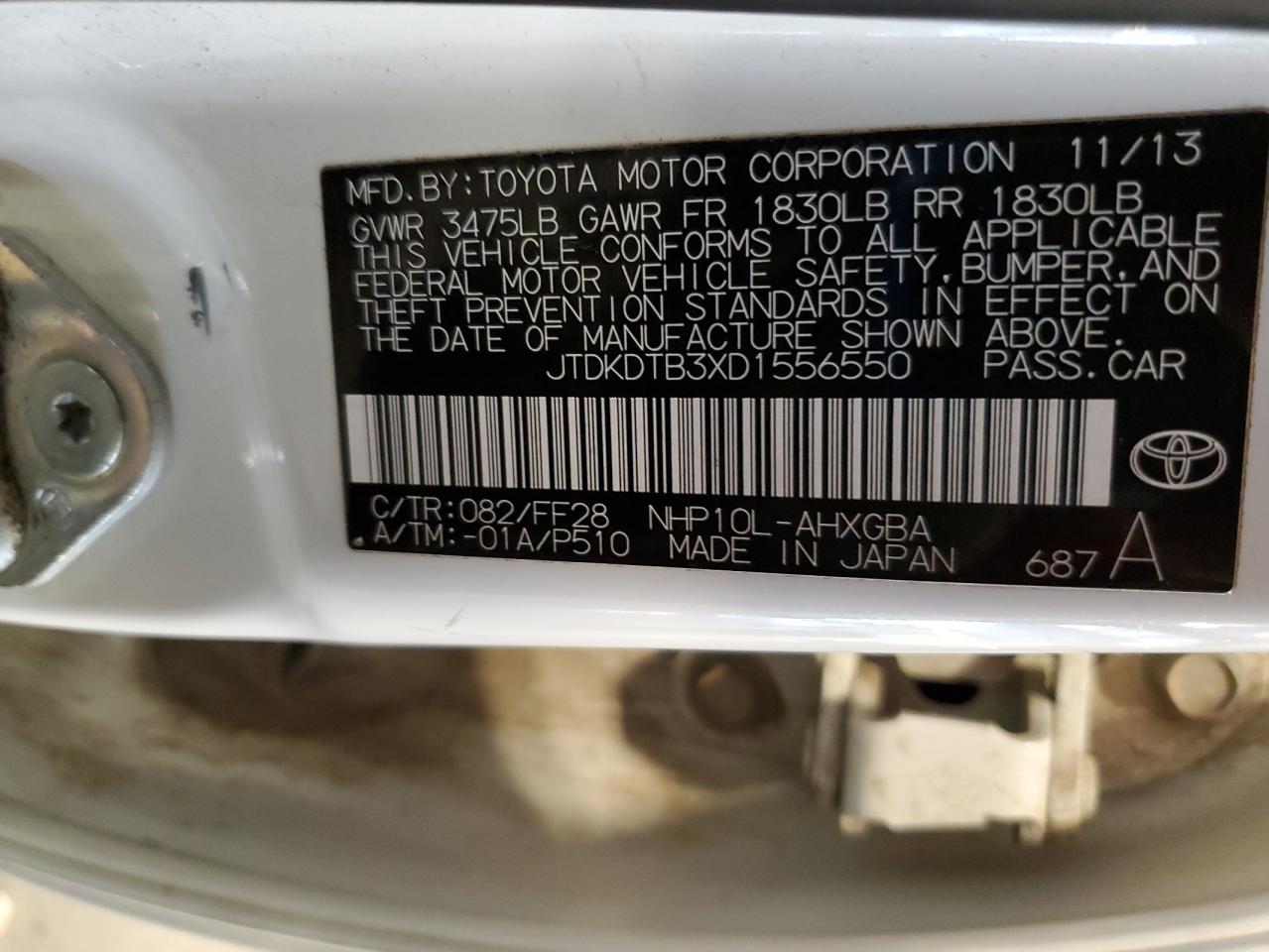 2013 Toyota Prius C VIN: JTDKDTB3XD1556550 Lot: 81502065