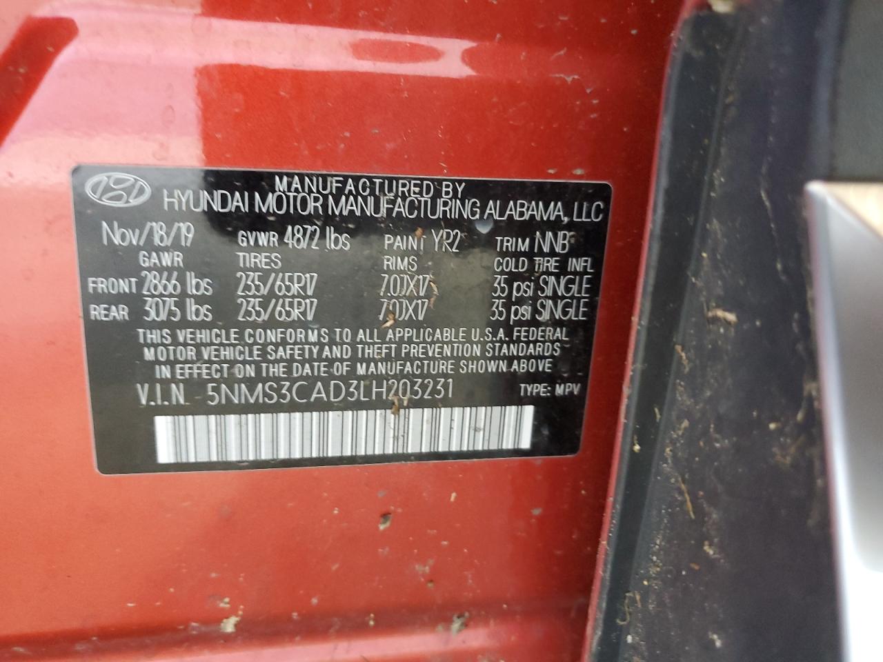 2020 Hyundai Santa Fe Sel VIN: 5NMS3CAD3LH203231 Lot: 84579965