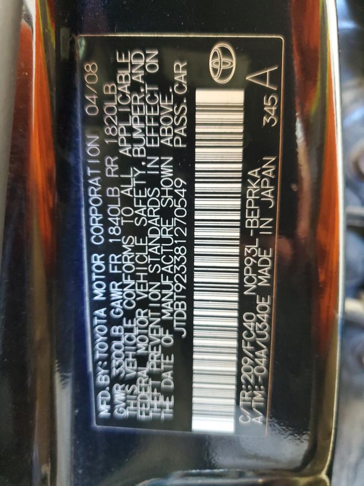 2008 Toyota Yaris VIN: JTDBT923381270549 Lot: 84531285