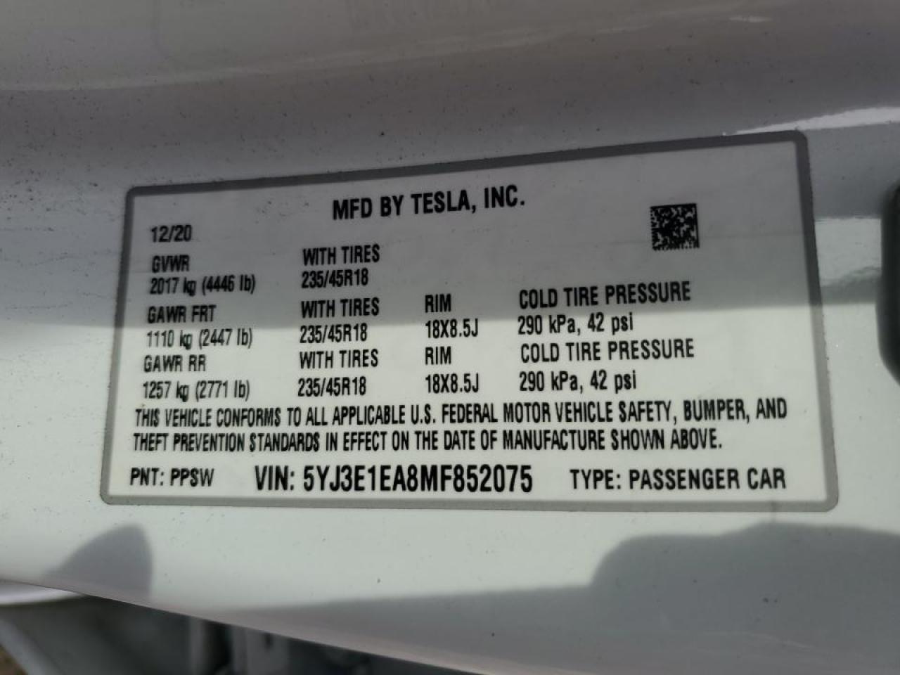 2021 Tesla Model 3 VIN: 5YJ3E1EA8MF852075 Lot: 81860505