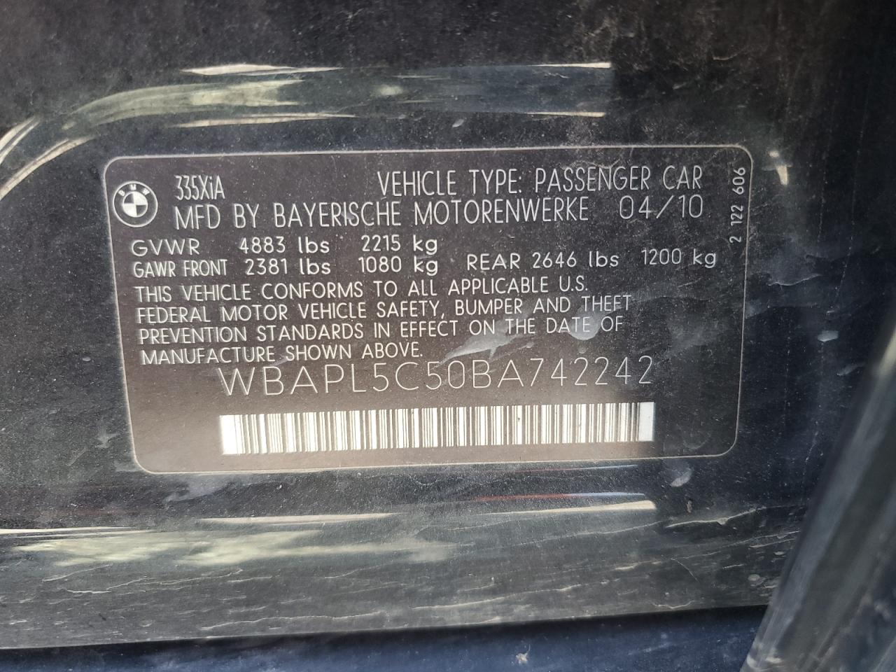 2011 BMW 335 Xi VIN: WBAPL5C50BA742242 Lot: 71532155