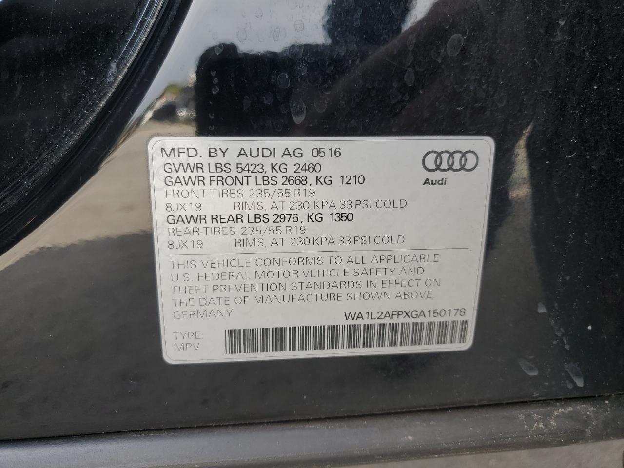 2016 Audi Q5 Premium Plus VIN: WA1L2AFPXGA150178 Lot: 80925765