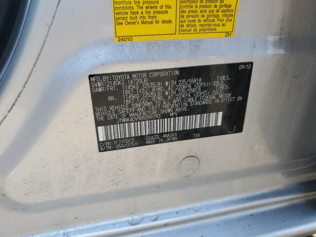 2011 Toyota Rav4 Sport VIN: JTMRK4DV9B5099793 Lot: 80068525