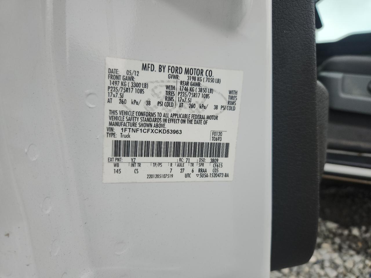 2012 Ford F150 VIN: 1FTNF1CFXCKD53963 Lot: 84153015