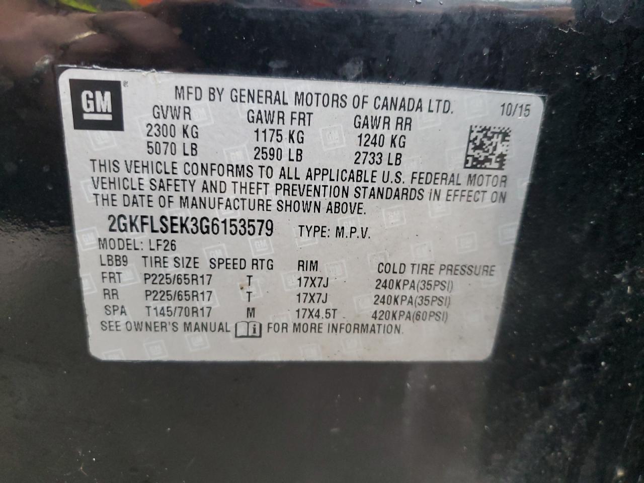 2016 GMC Terrain Sle VIN: 2GKFLSEK3G6153579 Lot: 72015035