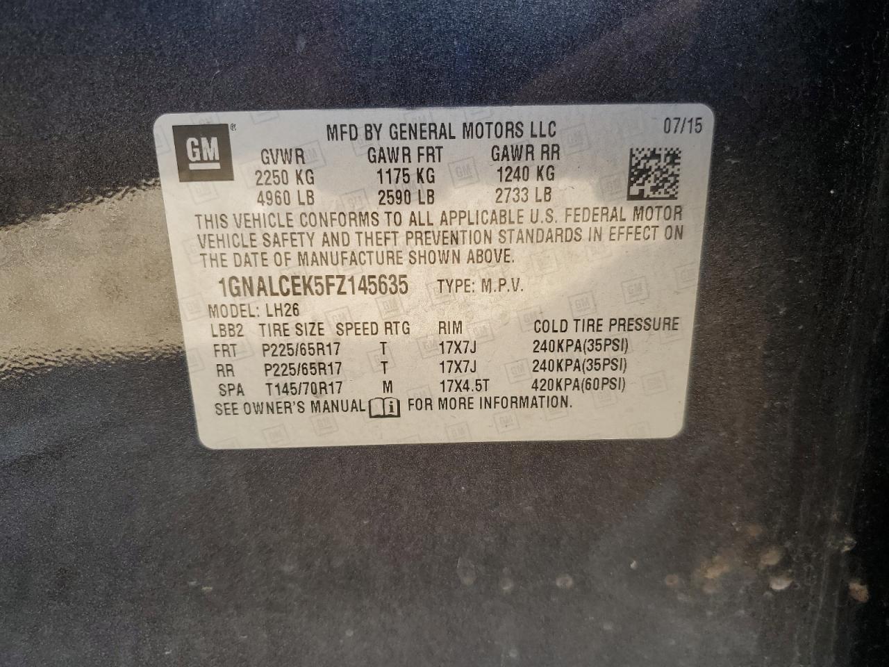 2015 Chevrolet Equinox Lt VIN: 1GNALCEK5FZ145635 Lot: 80124965