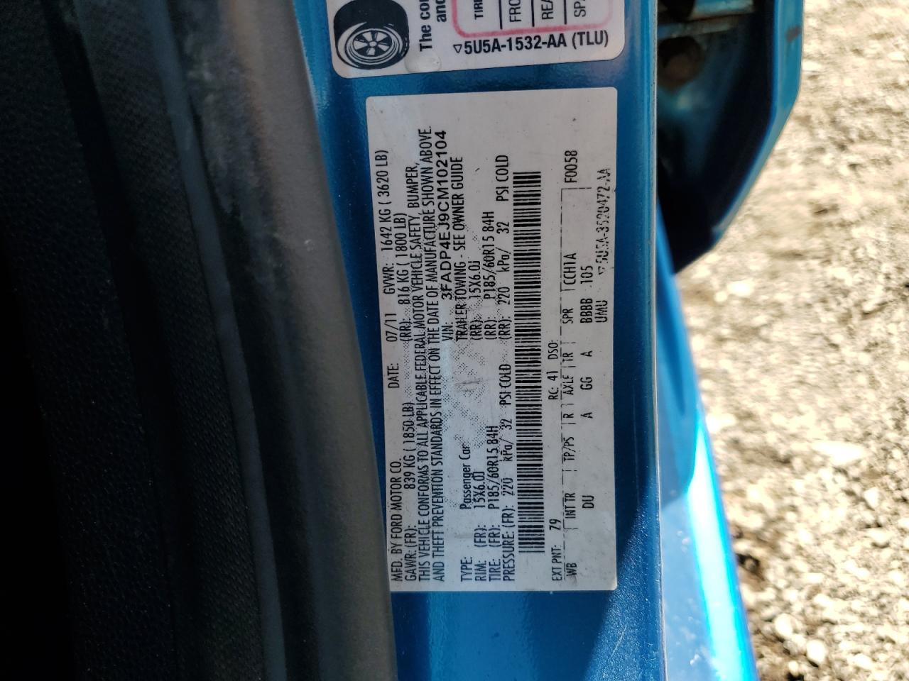 2012 Ford Fiesta Se VIN: 3FADP4EJ9CM102104 Lot: 80645345