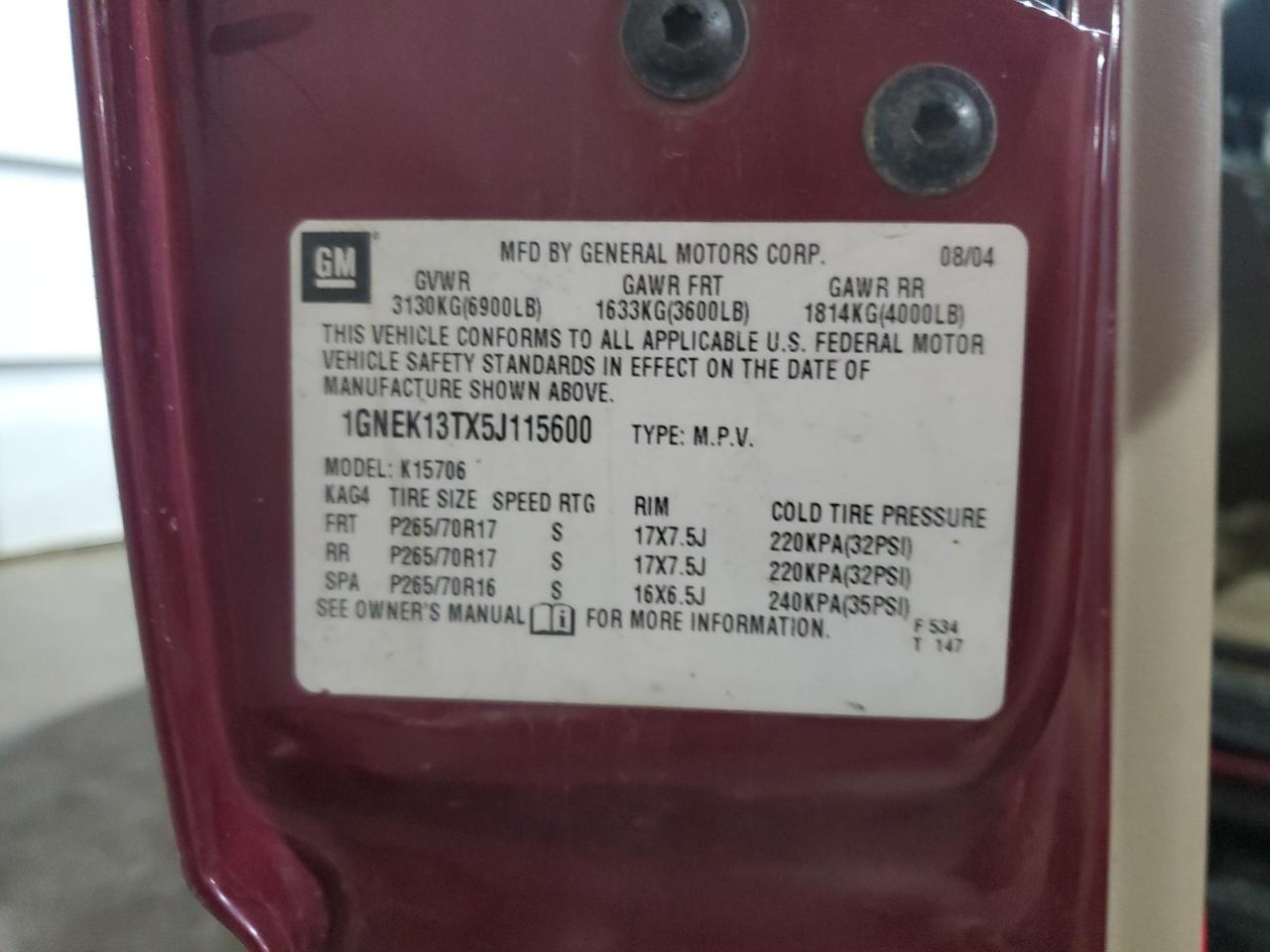 2005 Chevrolet Tahoe K1500 VIN: 1GNEK13TX5J115600 Lot: 82024495