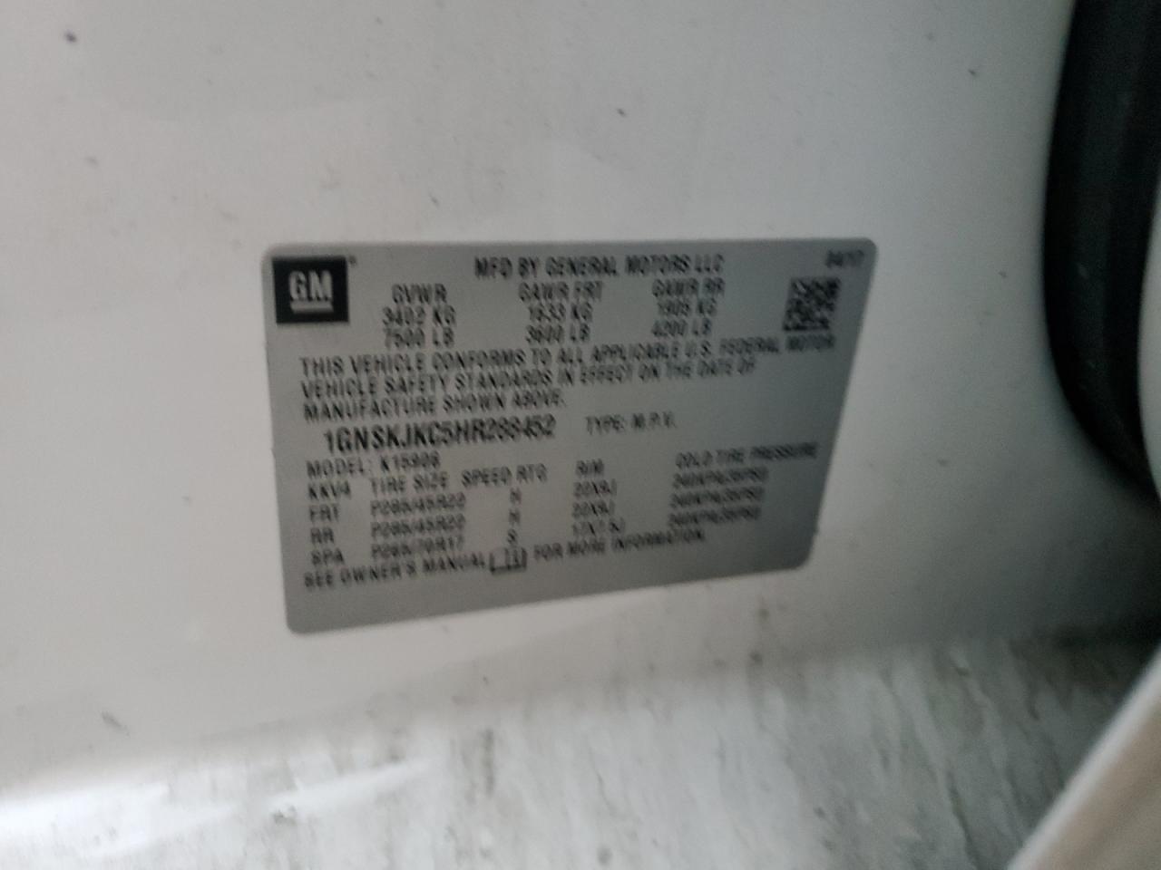 2017 Chevrolet Suburban K1500 Premier VIN: 1GNSKJKC5HR288452 Lot: 82042255