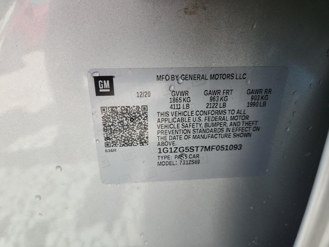 2021 Chevrolet Malibu Rs VIN: 1G1ZG5ST7MF051093 Lot: 83805555