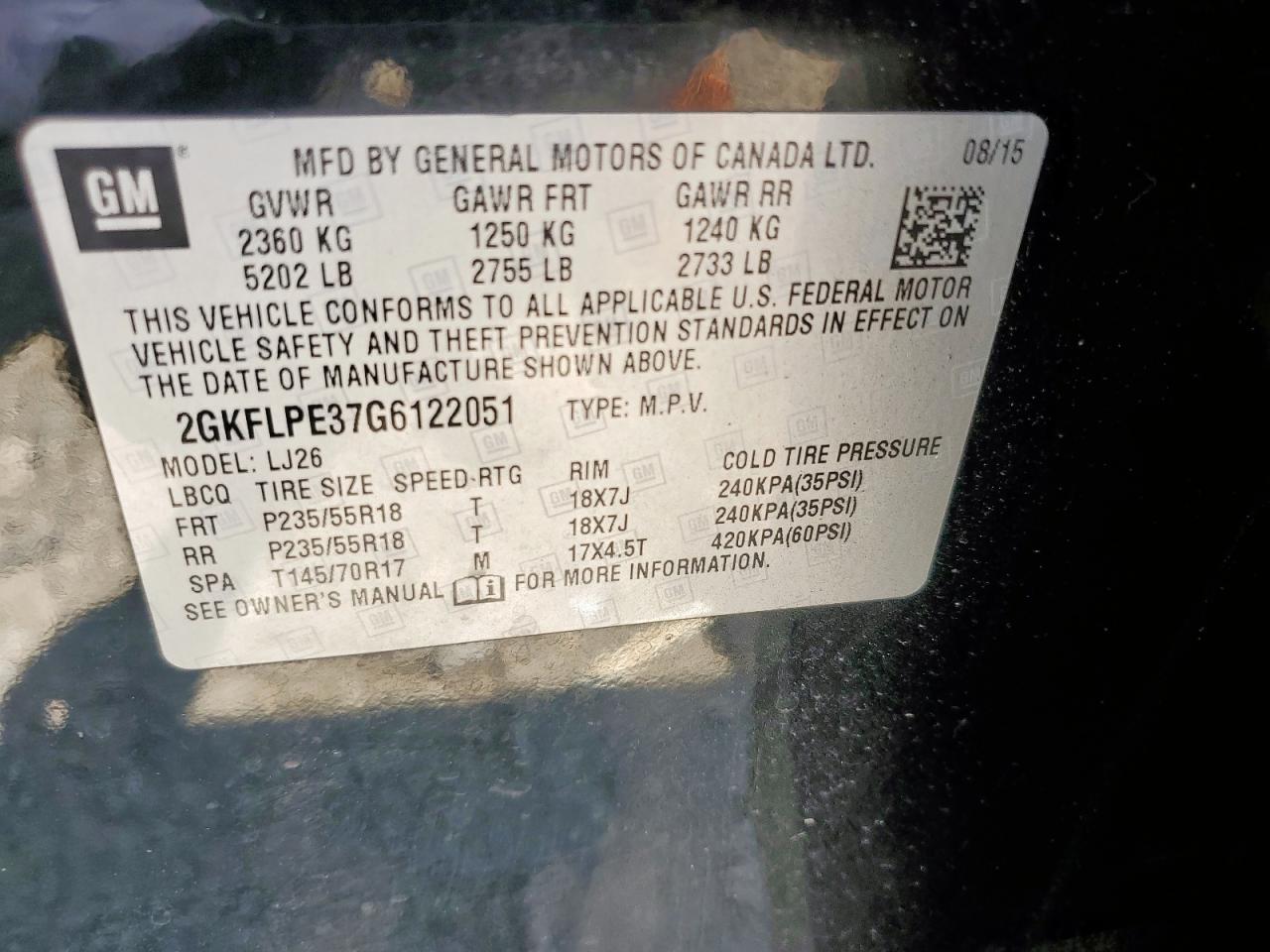 2016 GMC Terrain Slt VIN: 2GKFLPE37G6122051 Lot: 80150855