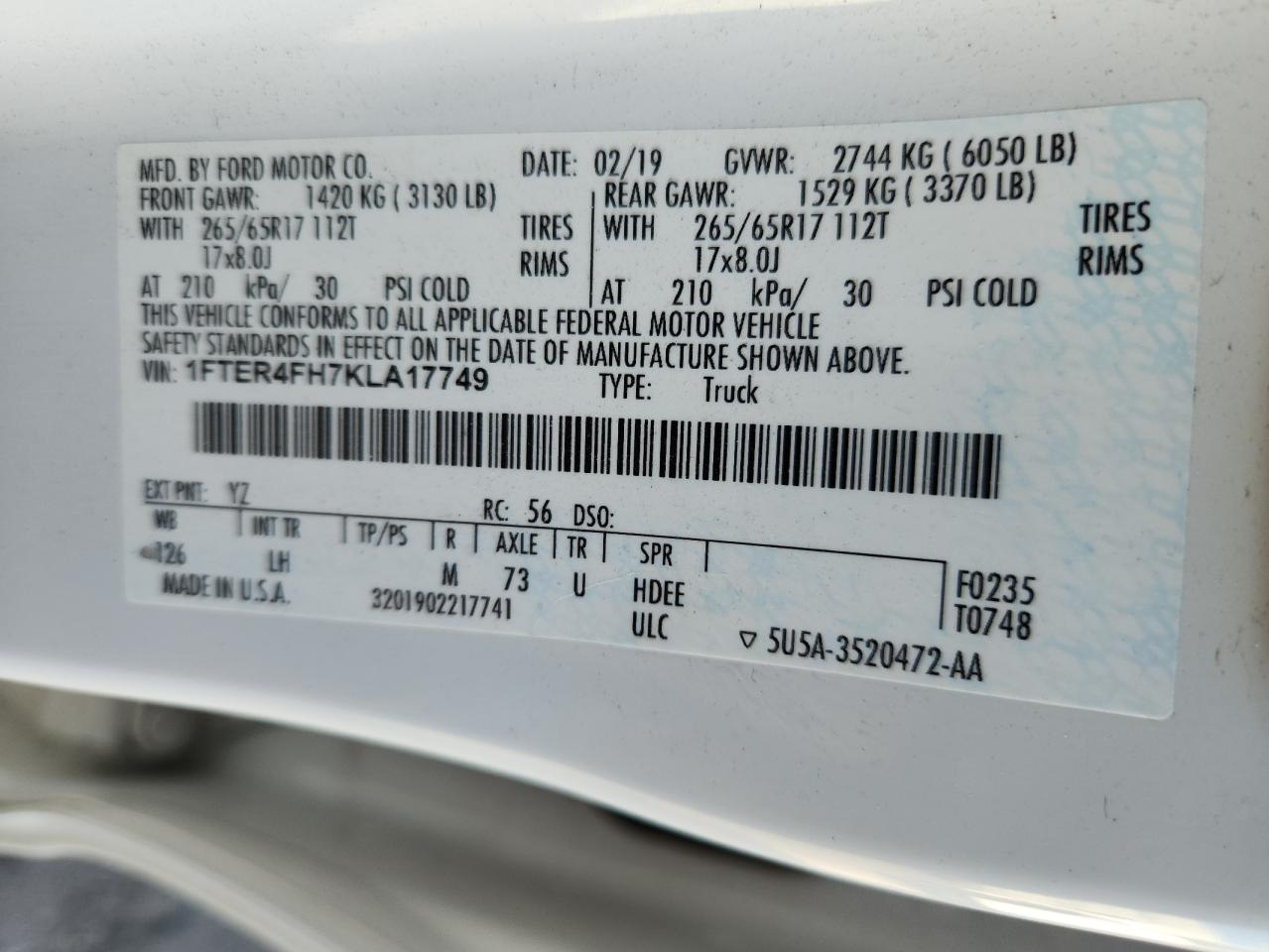 2019 Ford Ranger Xl VIN: 1FTER4FH7KLA17749 Lot: 80409275