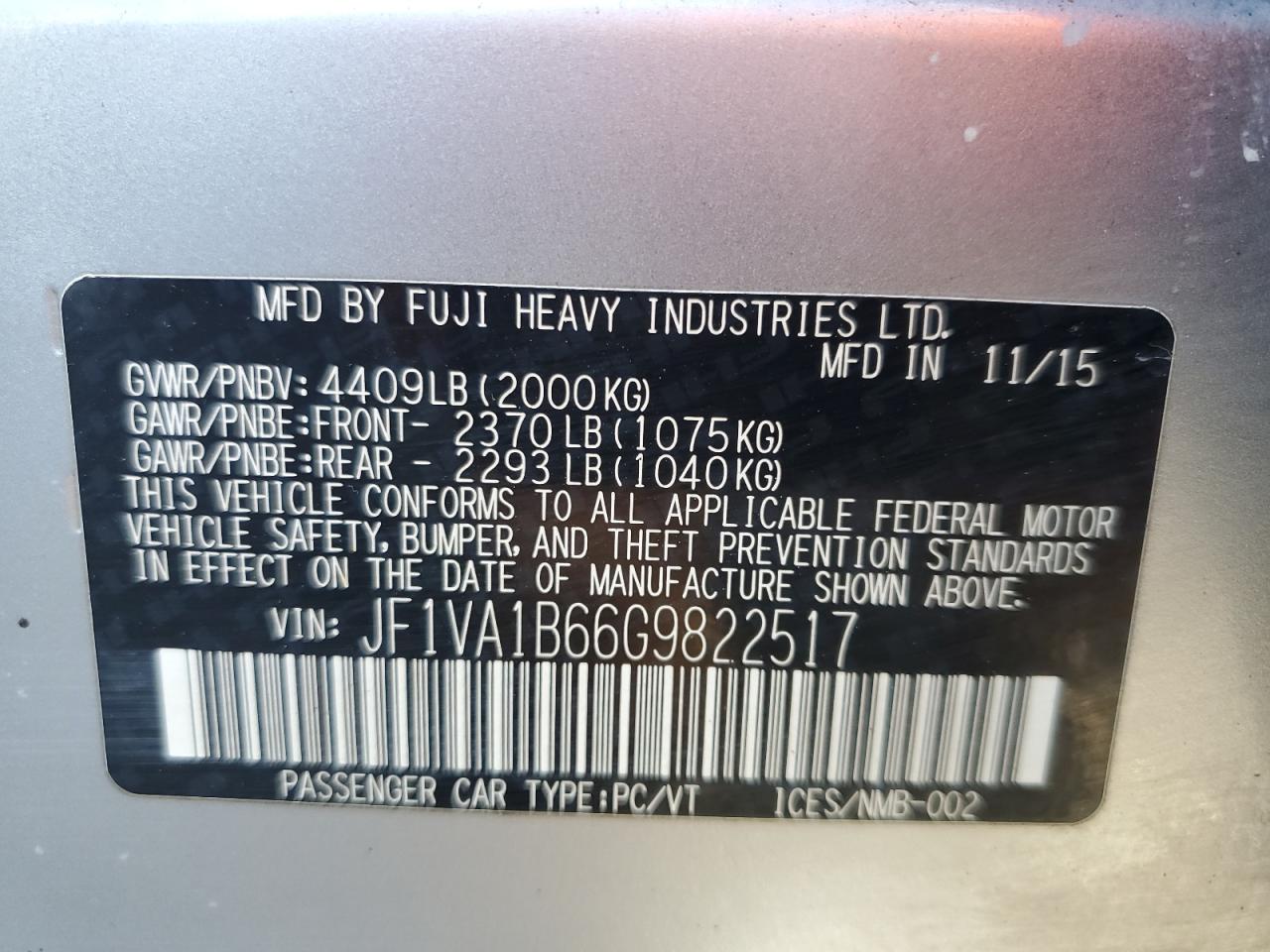 2016 Subaru Wrx VIN: JF1VA1B66G9822517 Lot: 81474045