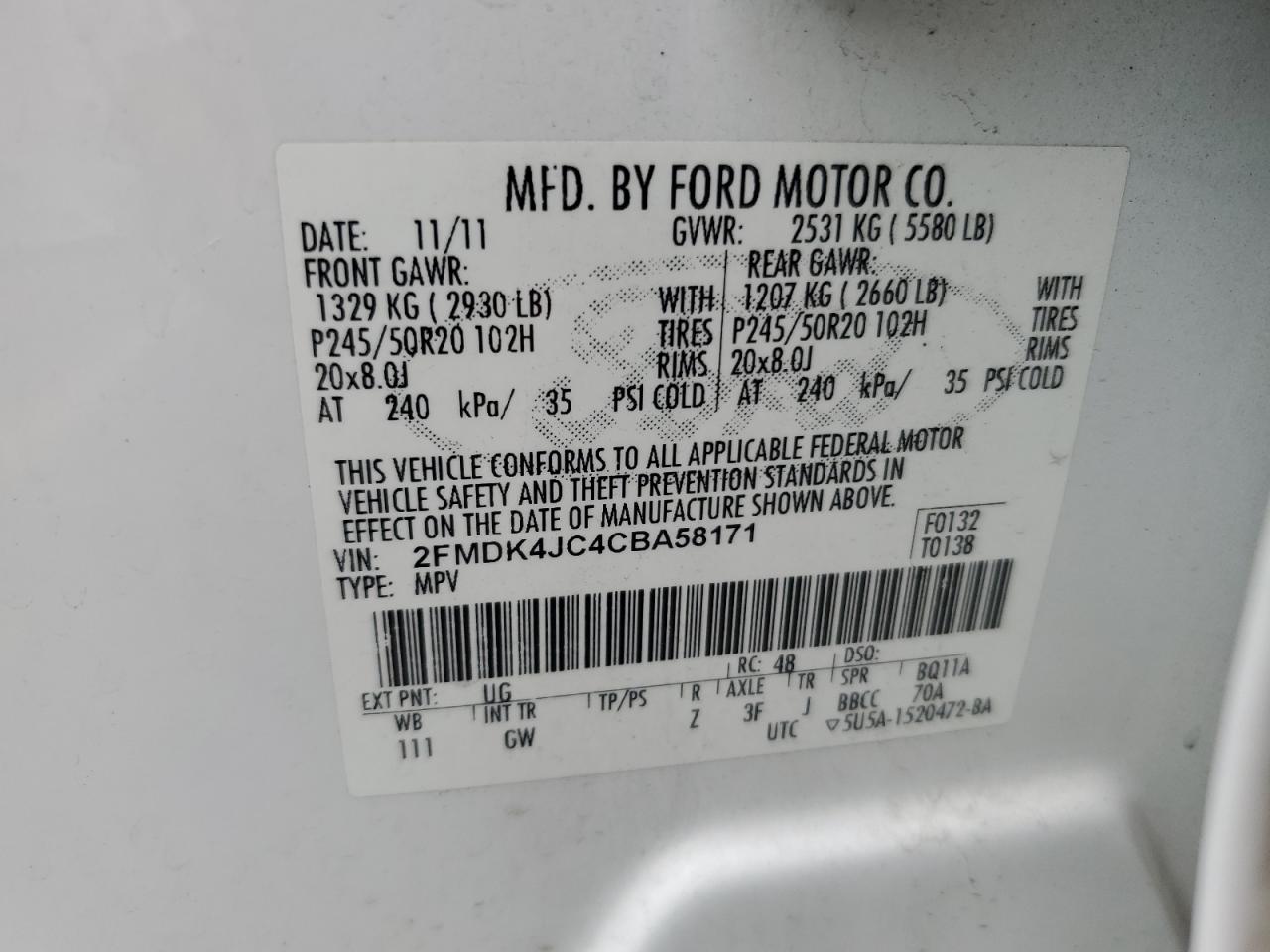 2012 Ford Edge Sel VIN: 2FMDK4JC4CBA58171 Lot: 80271085