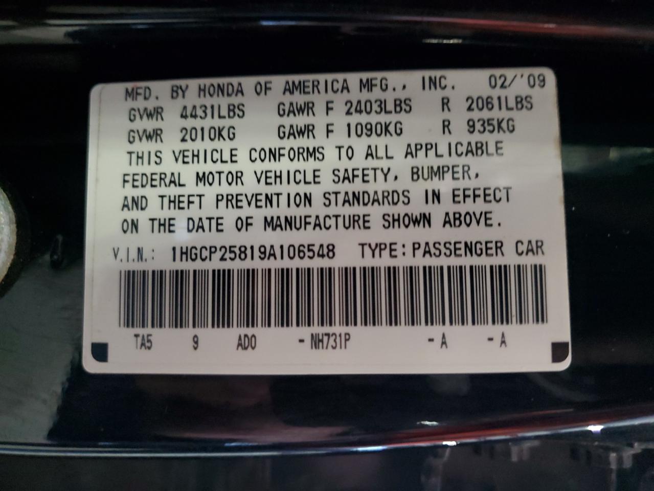 2009 Honda Accord Exl VIN: 1HGCP25819A106548 Lot: 81608495