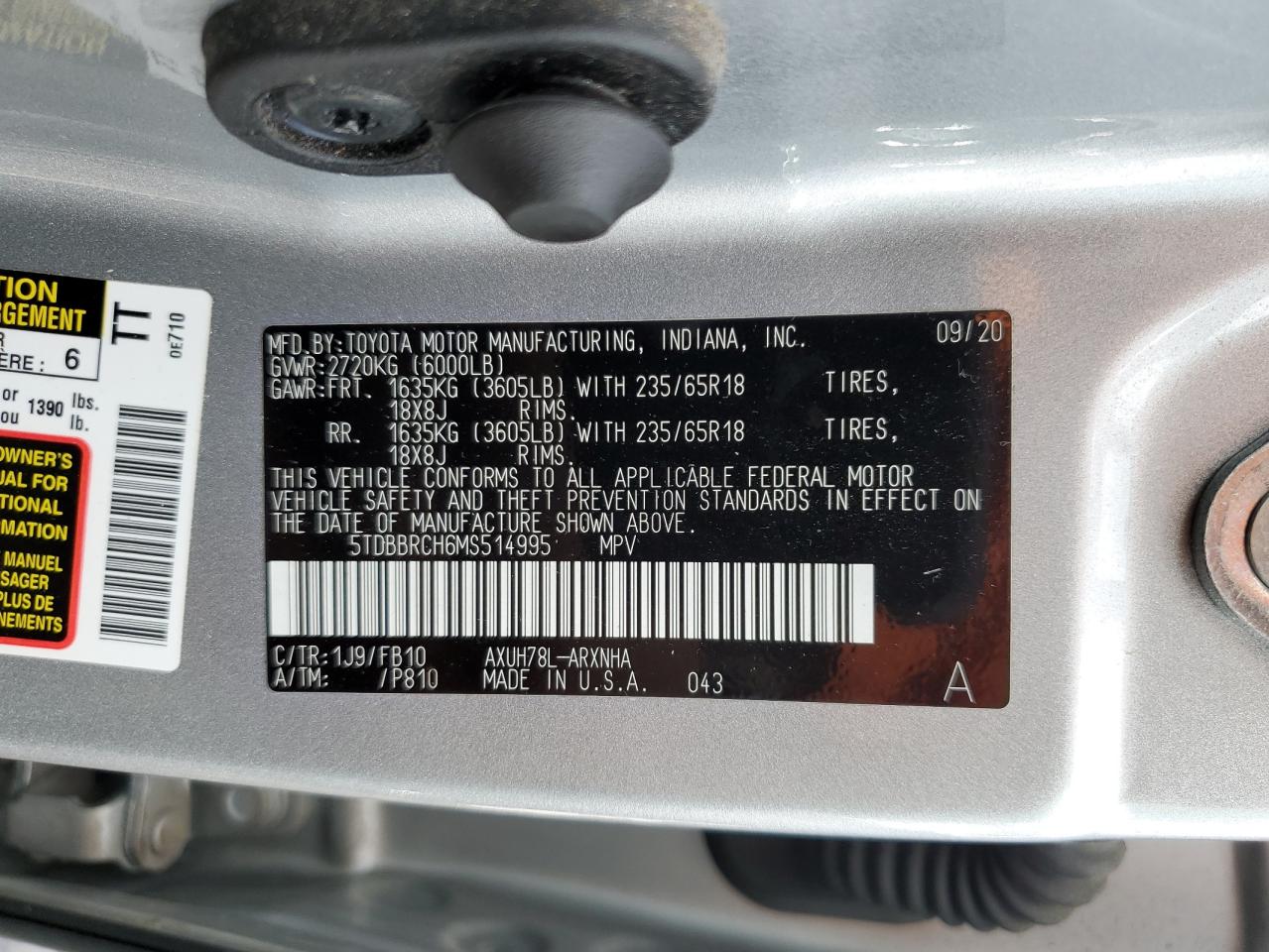 2021 Toyota Highlander Hybrid Le VIN: 5TDBBRCH6MS514995 Lot: 81394315