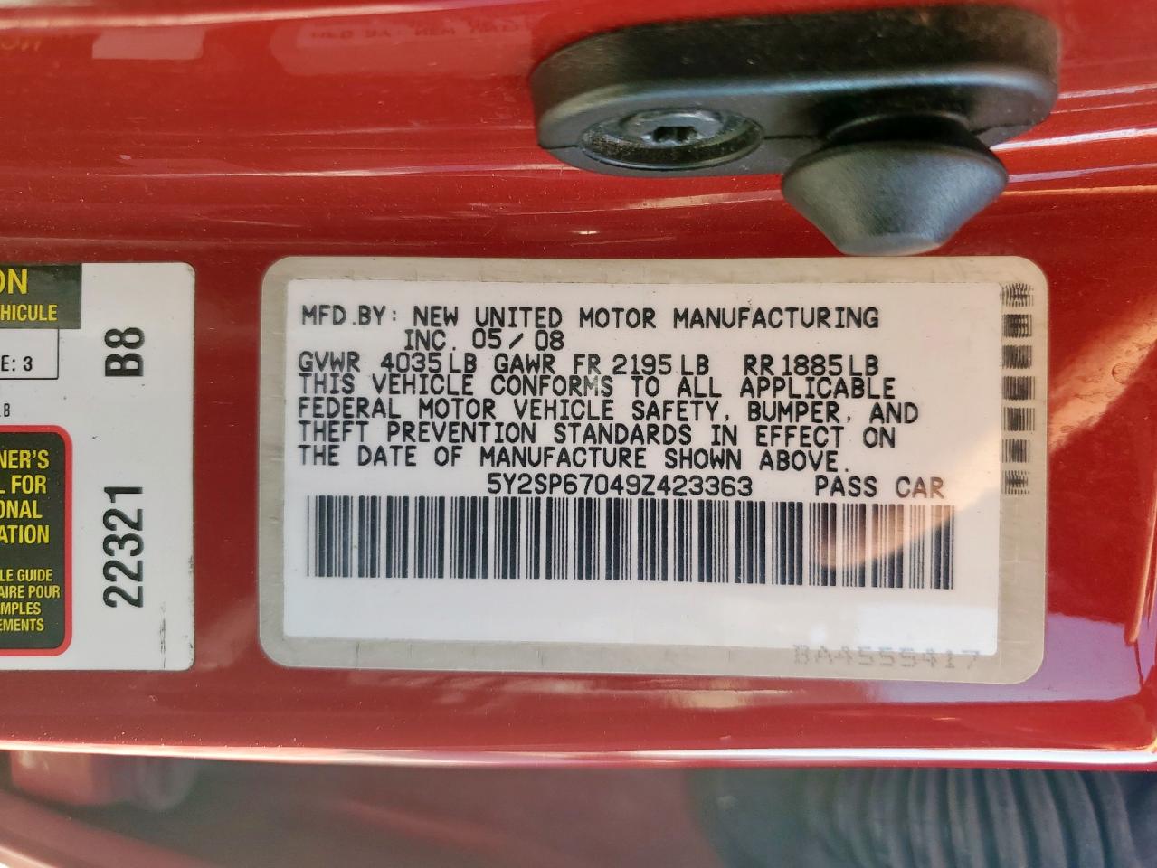 2009 Pontiac Vibe VIN: 5Y2SP67049Z423363 Lot: 82167795