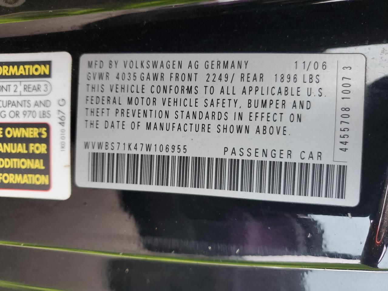 2007 Volkswagen Rabbit VIN: WVWBS71K47W106955 Lot: 83755825