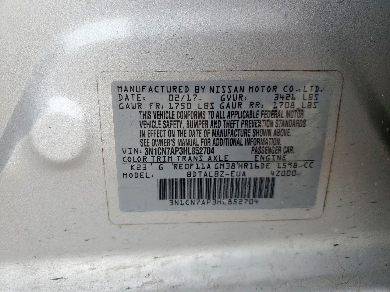 2017 Nissan Versa S VIN: 3N1CN7AP3HL852704 Lot: 70916985