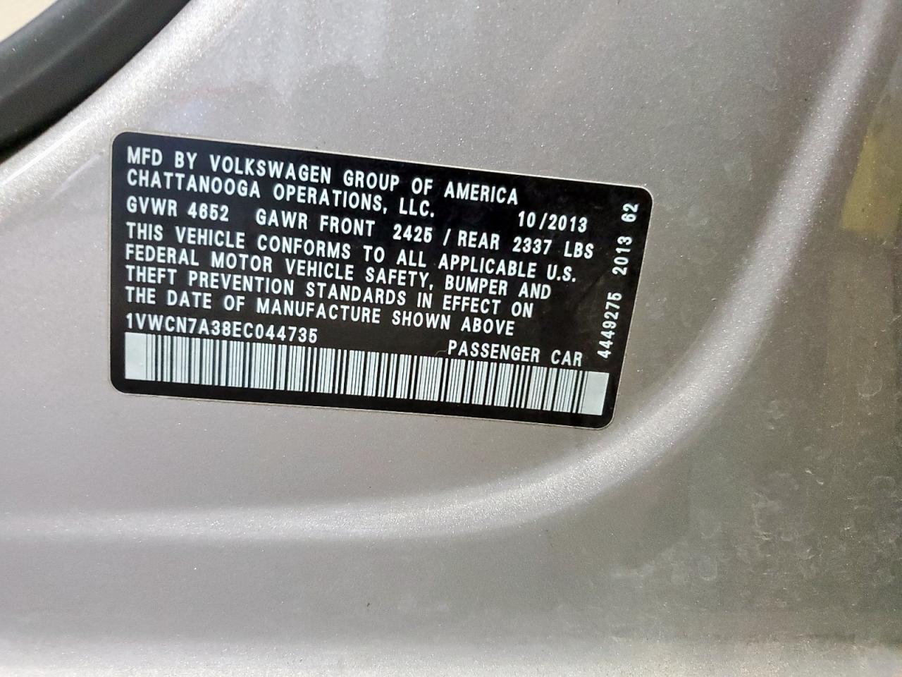 2014 Volkswagen Passat Sel VIN: 1VWCN7A38EC044735 Lot: 81896095