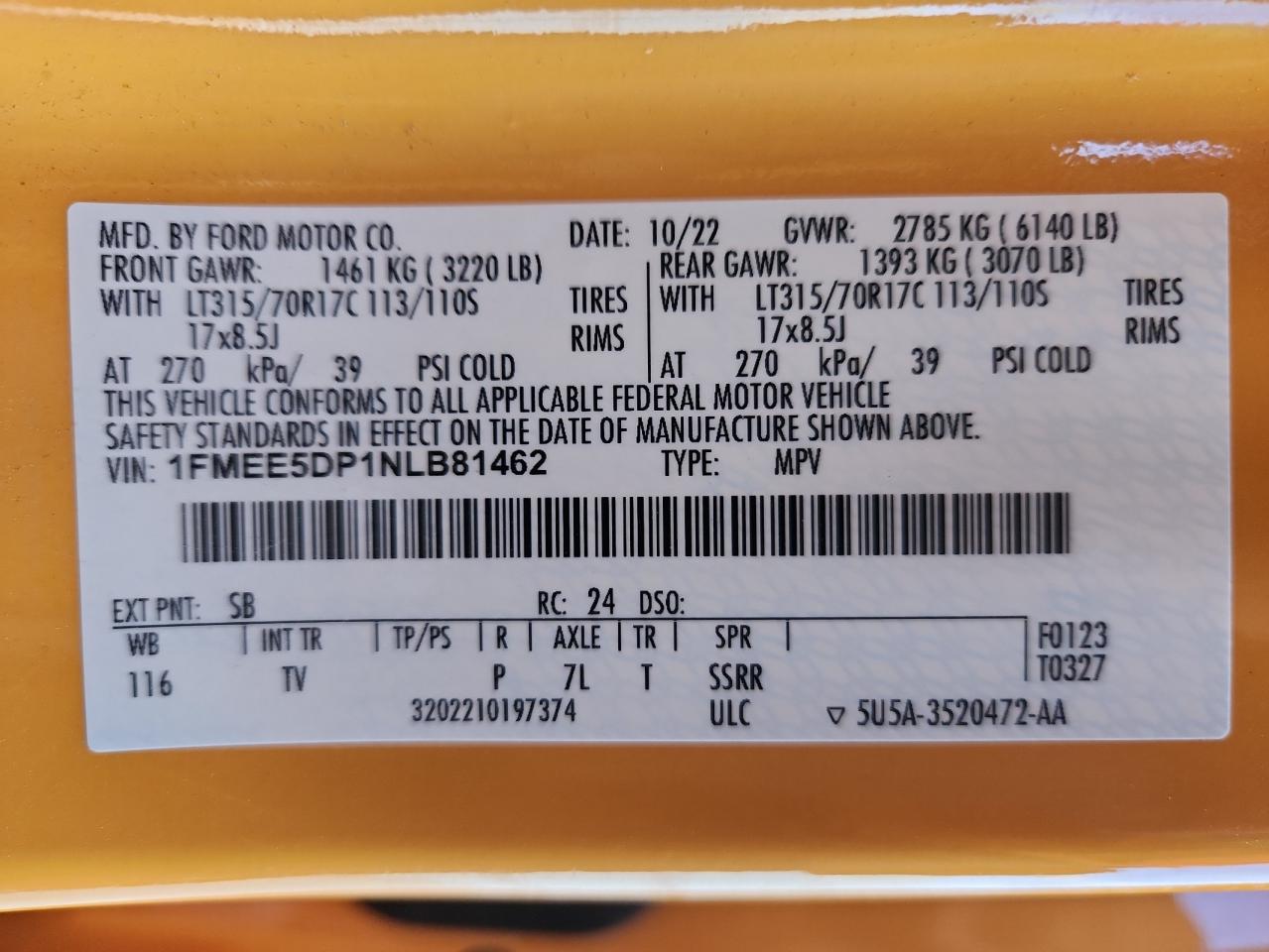 2022 Ford Bronco Base VIN: 1FMEE5DP1NLB81462 Lot: 80701415
