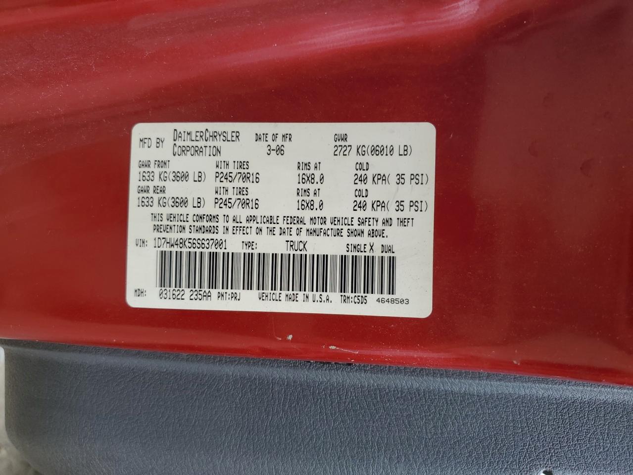 2006 Dodge Dakota Quad Slt VIN: 1D7HW48K56S637001 Lot: 84268055