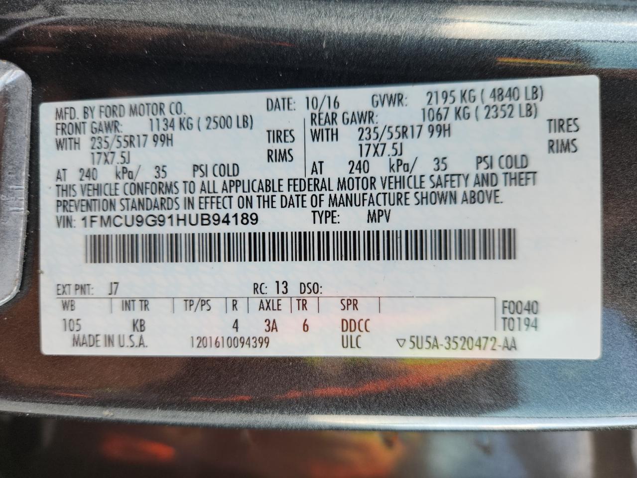 2017 Ford Escape Se VIN: 1FMCU9G91HUB94189 Lot: 71817355