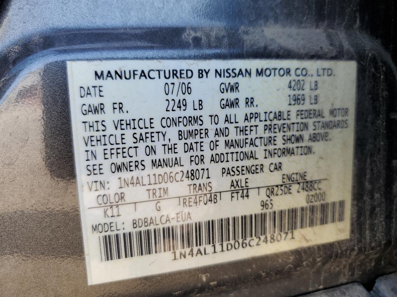 2006 Nissan Altima S VIN: 1N4AL11D06C248071 Lot: 80330295