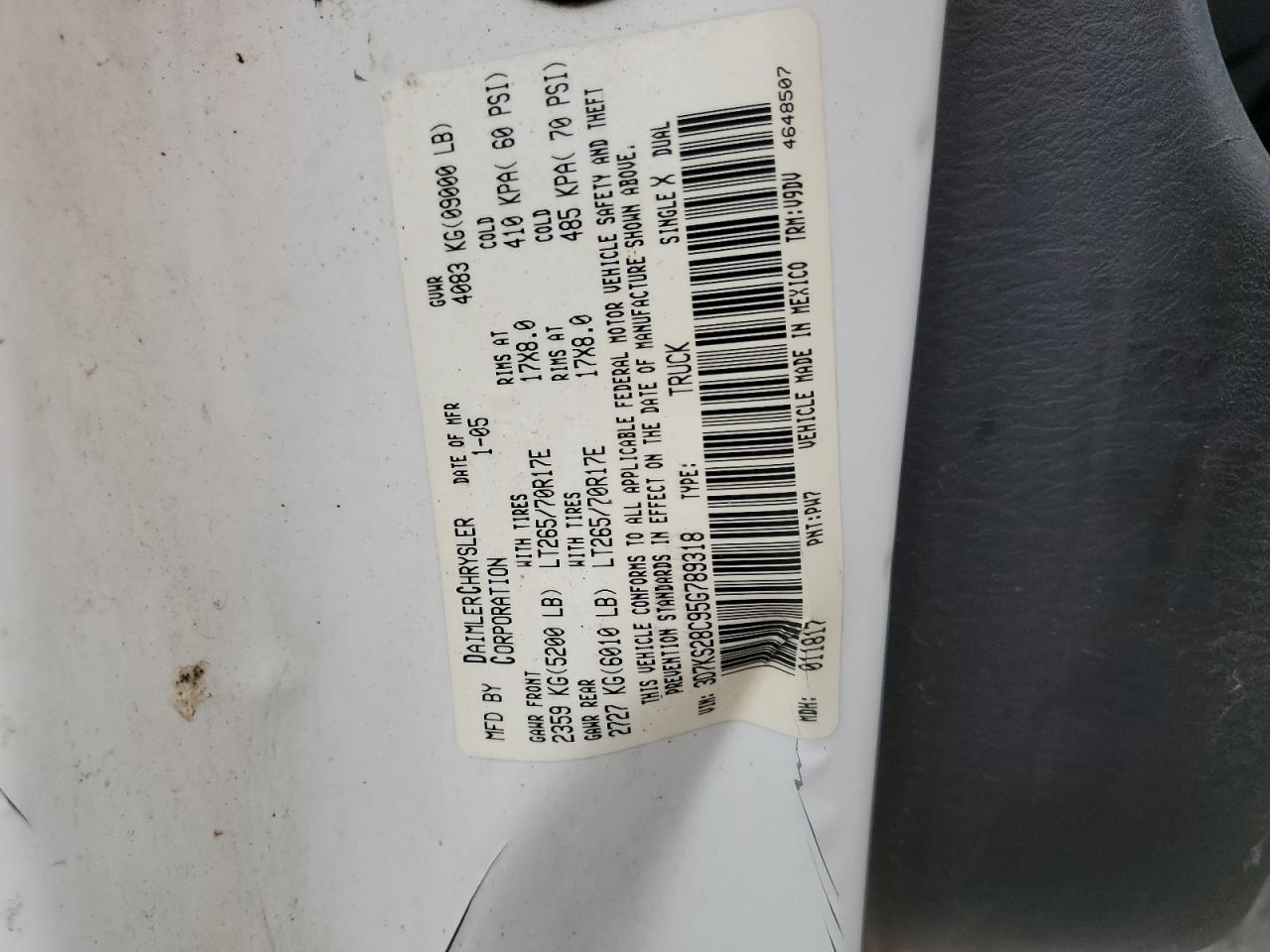 2005 Dodge Ram 2500 St VIN: 3D7KS28C95G789318 Lot: 83889935