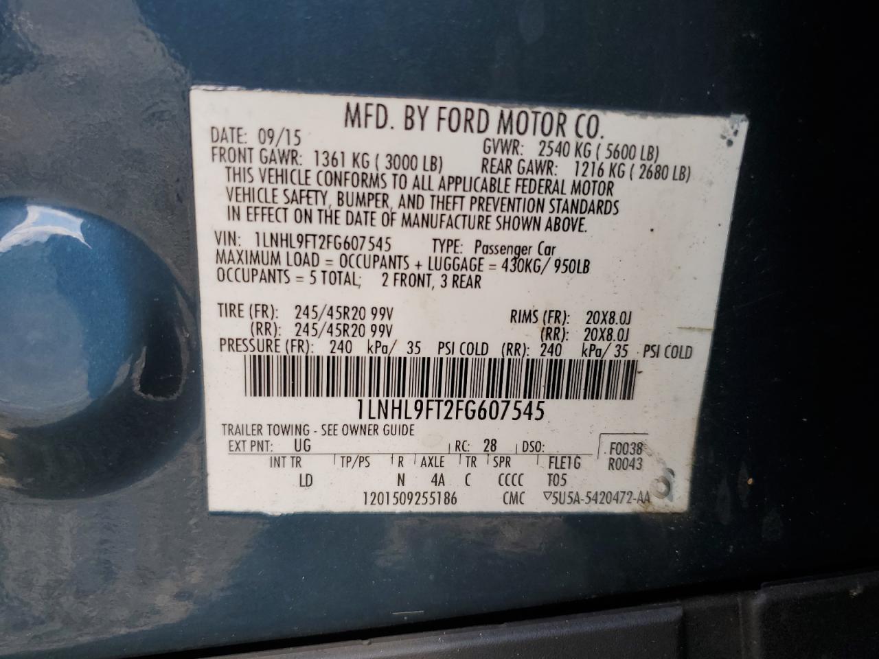 2015 Lincoln Mks VIN: 1LNHL9FT2FG607545 Lot: 71344275