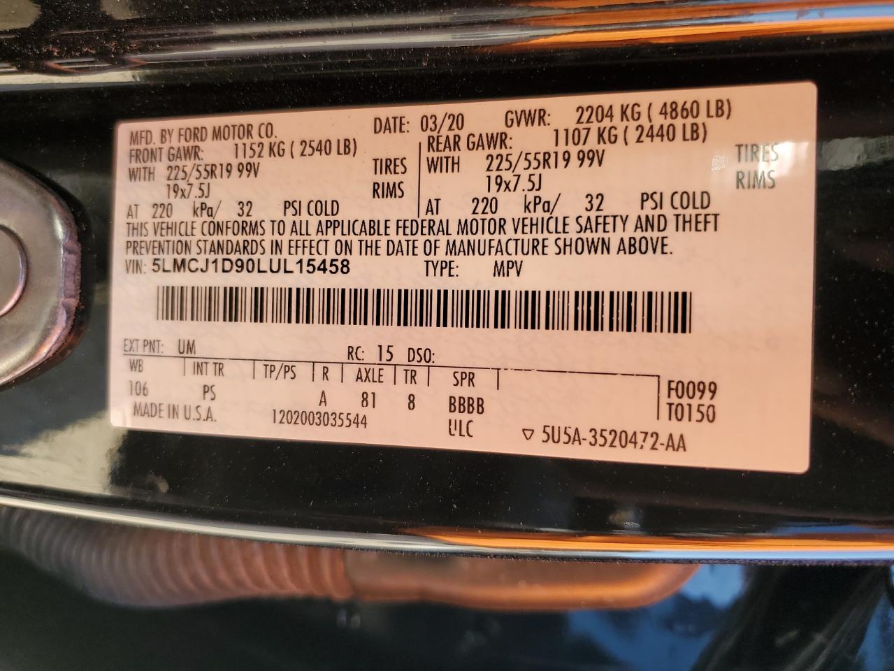 2020 Lincoln Corsair VIN: 5LMCJ1D90LUL15458 Lot: 80475115