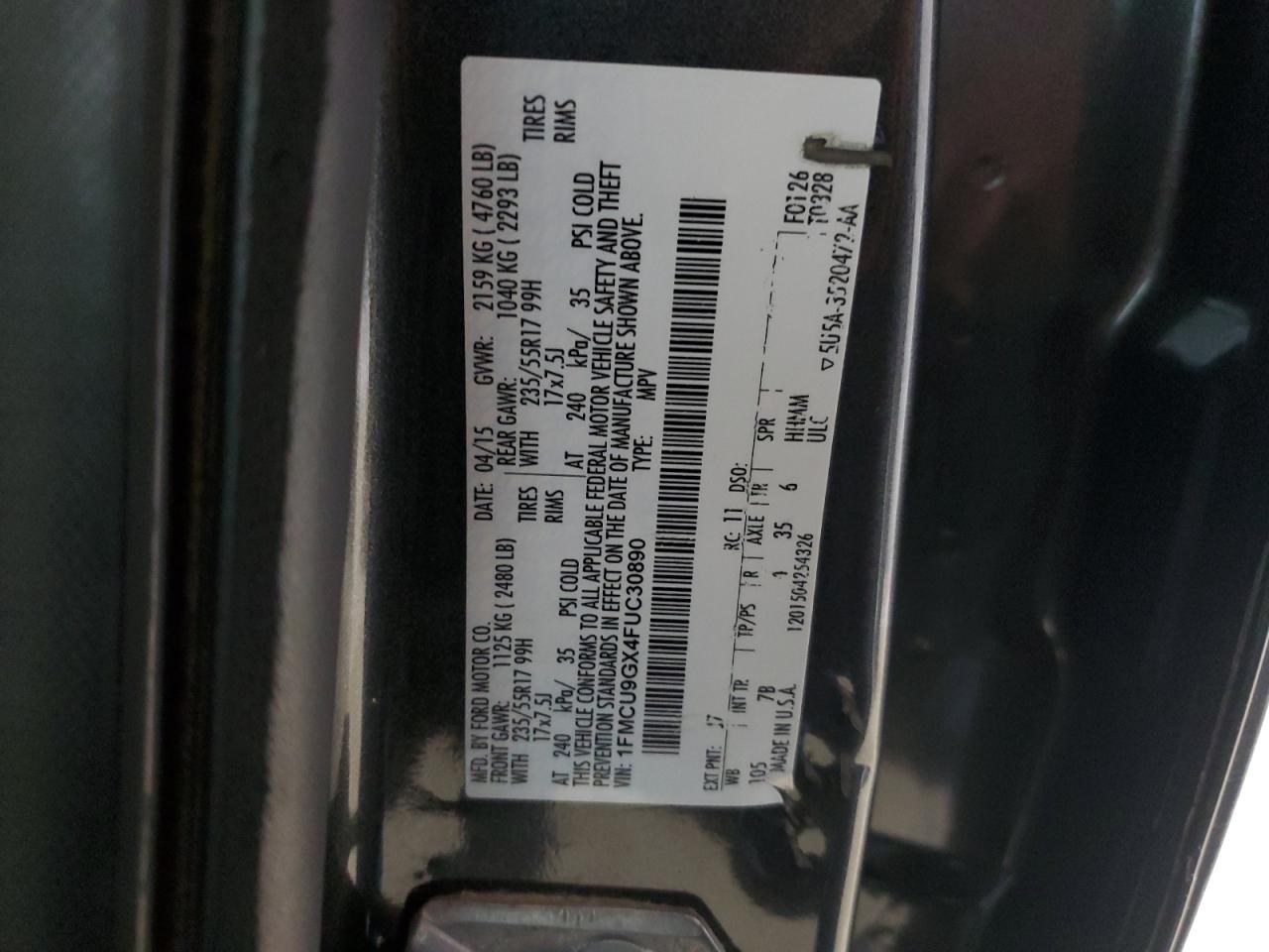 2015 Ford Escape Se VIN: 1FMCU9GX4FUC30890 Lot: 80534295