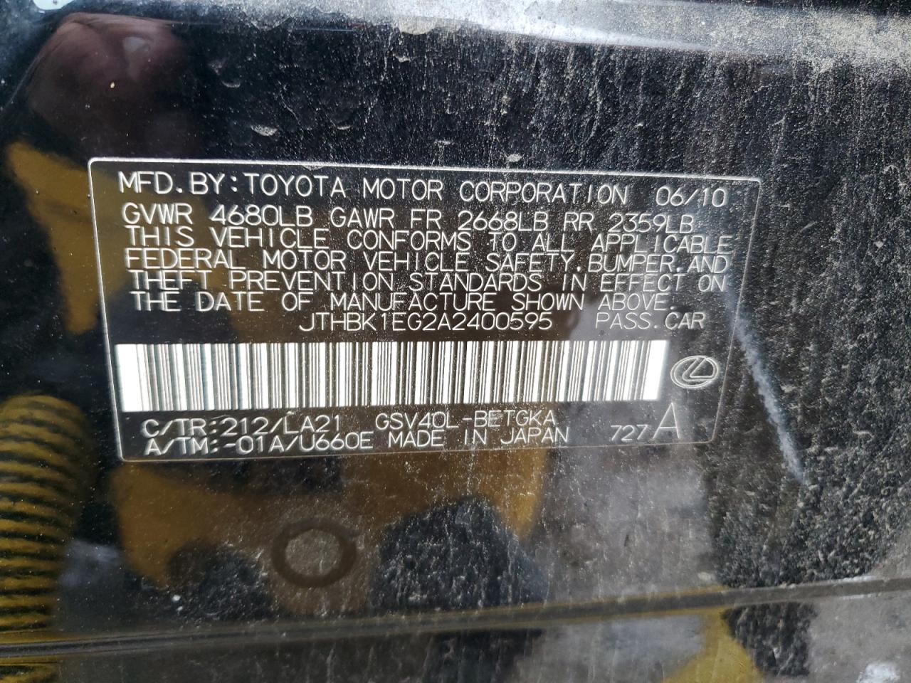 2010 Lexus Es 350 VIN: JTHBK1EG2A2400595 Lot: 71901625