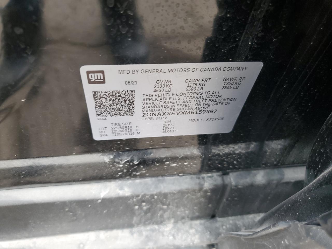 2021 Chevrolet Equinox Premier VIN: 2GNAXXEVXM6159397 Lot: 82042275