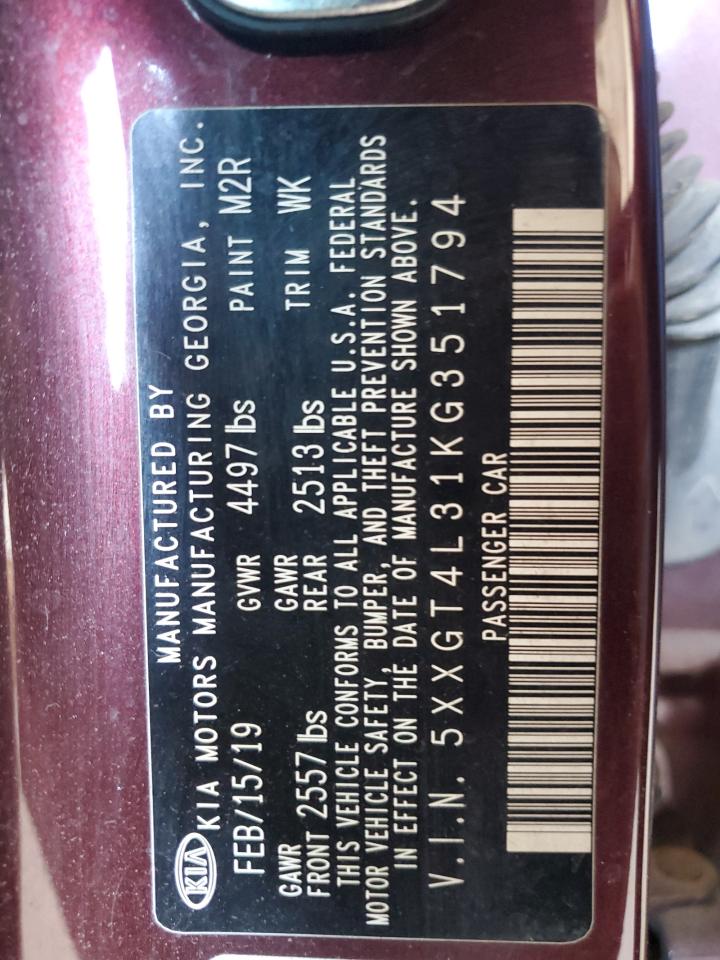 2019 Kia Optima Lx VIN: 5XXGT4L31KG351794 Lot: 80514235