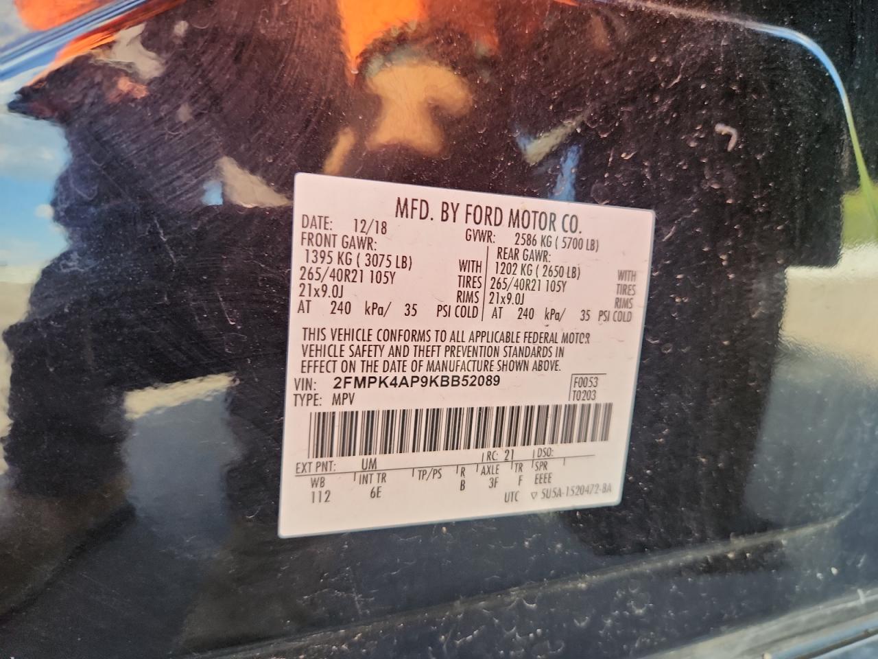 2019 Ford Edge St VIN: 2FMPK4AP9KBB52089 Lot: 81288575