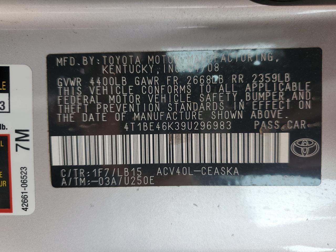 2009 Toyota Camry Base VIN: 4T1BE46K39U296983 Lot: 81476825