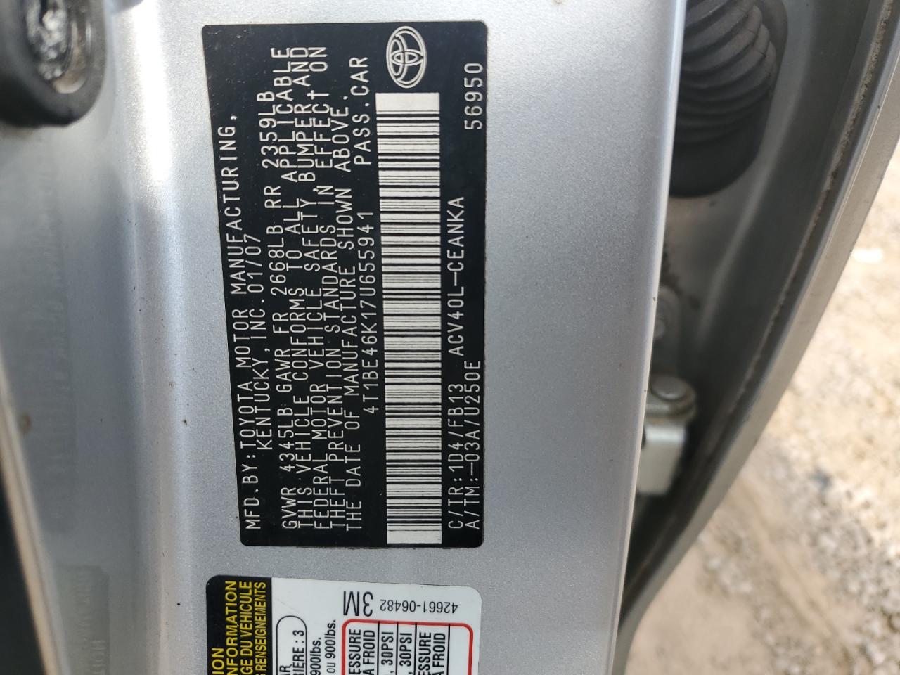 2007 Toyota Camry Ce VIN: 4T1BE46K17U655941 Lot: 81028335