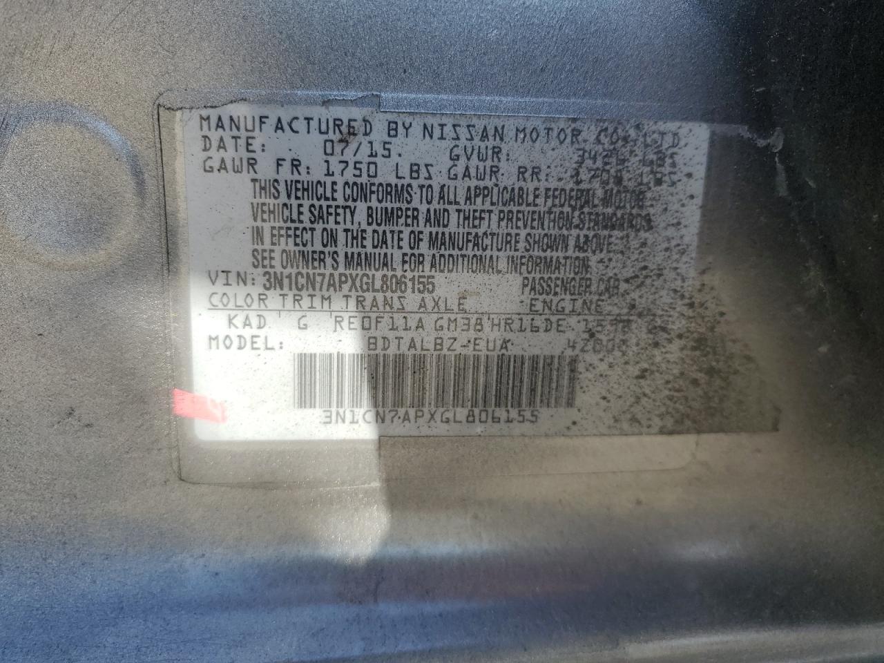 2016 Nissan Versa S VIN: 3N1CN7APXGL806155 Lot: 71090175