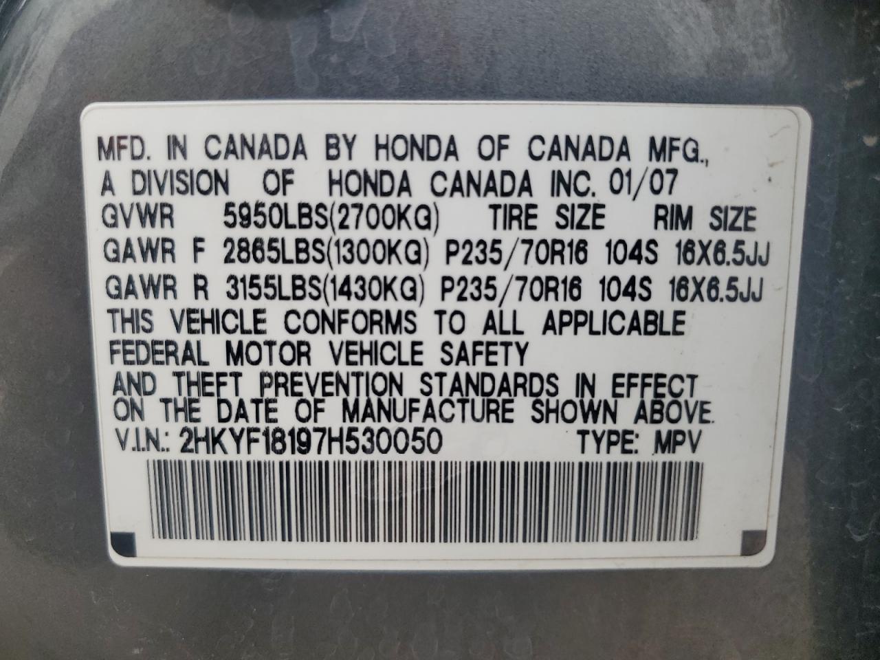 2007 Honda Pilot Lx VIN: 2HKYF18197H530050 Lot: 81457825